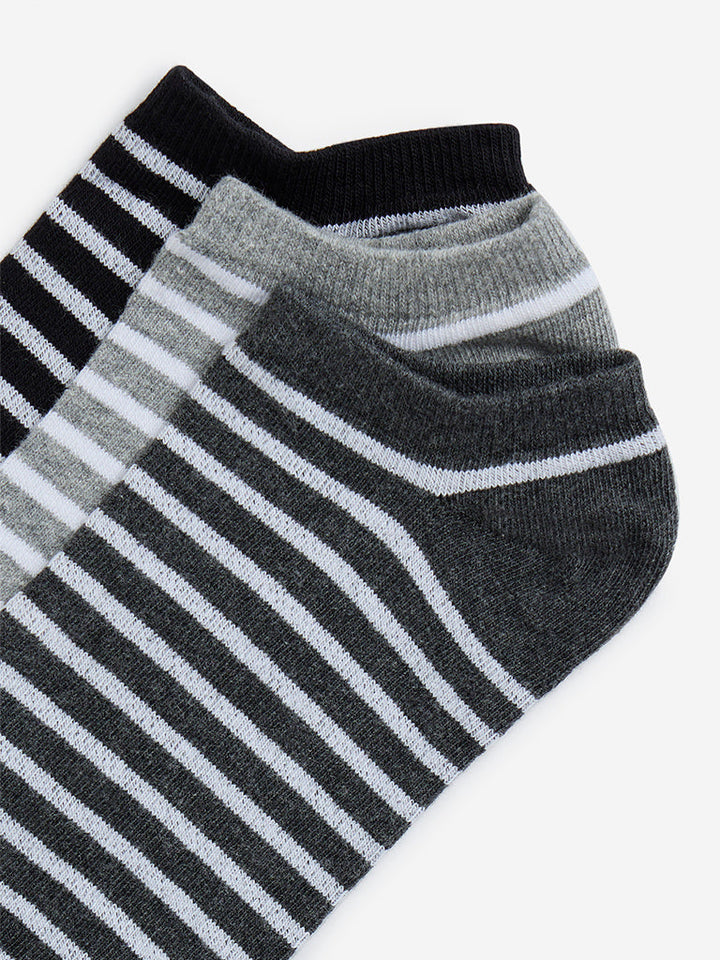 WES Lounge Grey Striped Cotton-Blend Socks- Pack of 3
