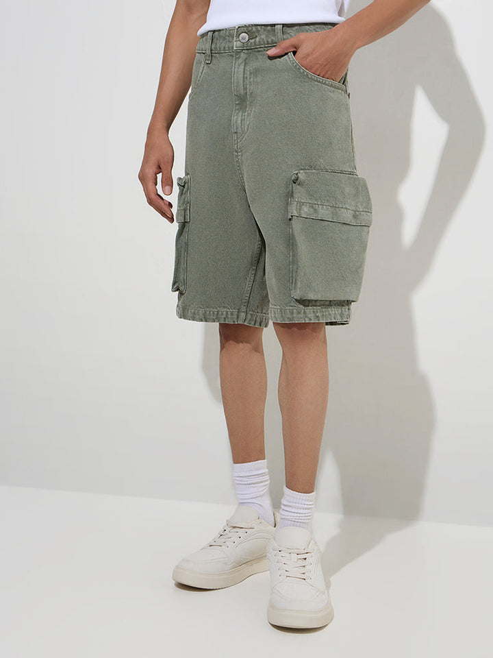 Nuon Olive Relaxed-Fit Mid-Rise Denim Shorts