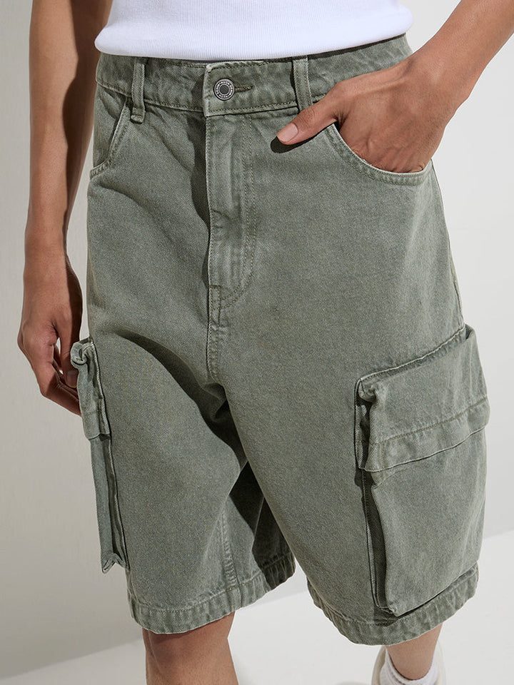 Nuon Olive Relaxed-Fit Mid-Rise Denim Shorts