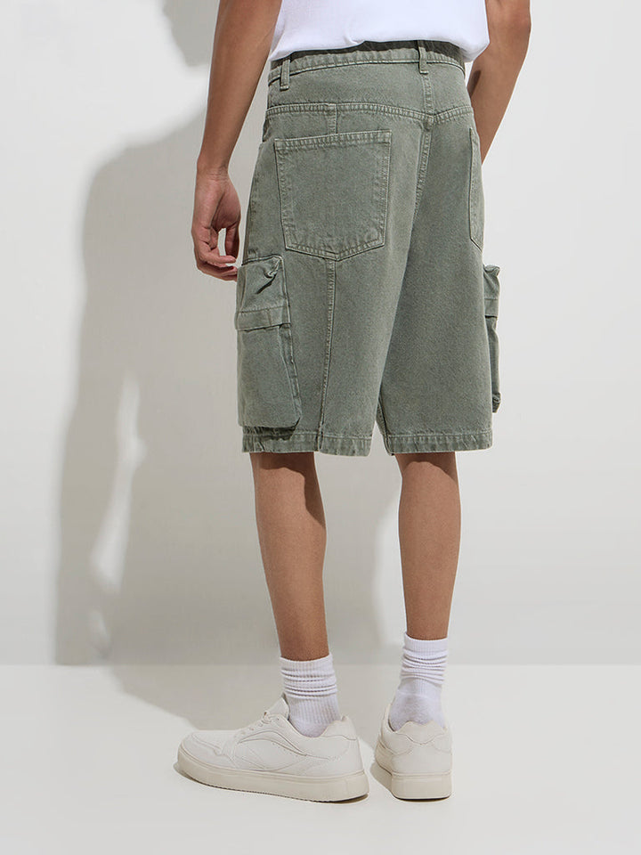 Nuon Olive Relaxed-Fit Mid-Rise Denim Shorts