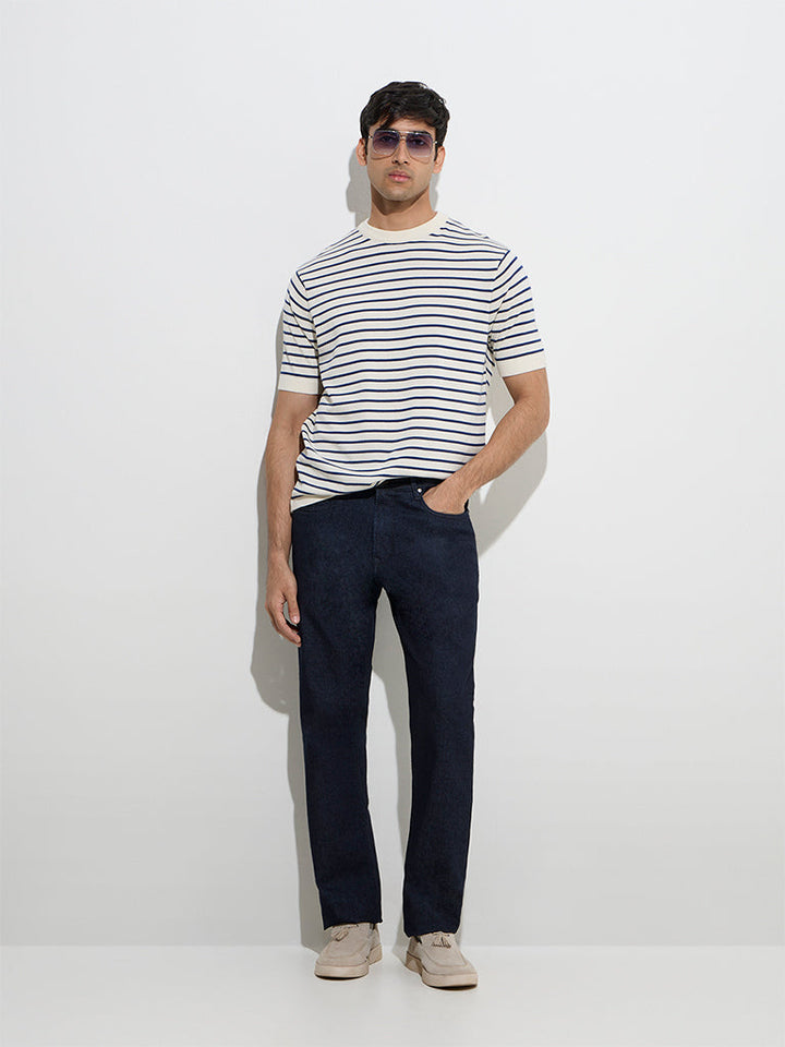 Ascot Off-White Stripe Printed Relaxed-Fit Cotton T-Shirt