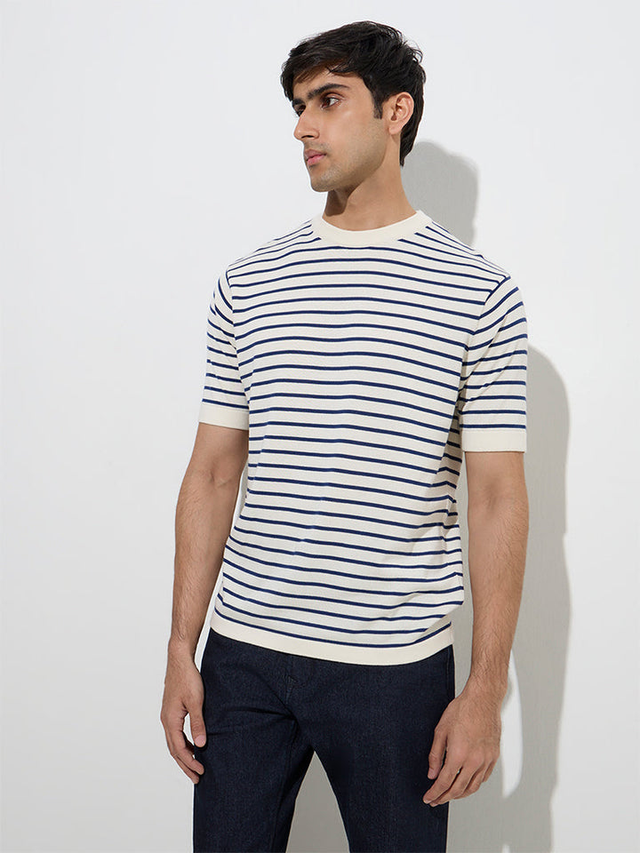 Ascot Off-White Stripe Printed Relaxed-Fit Cotton T-Shirt