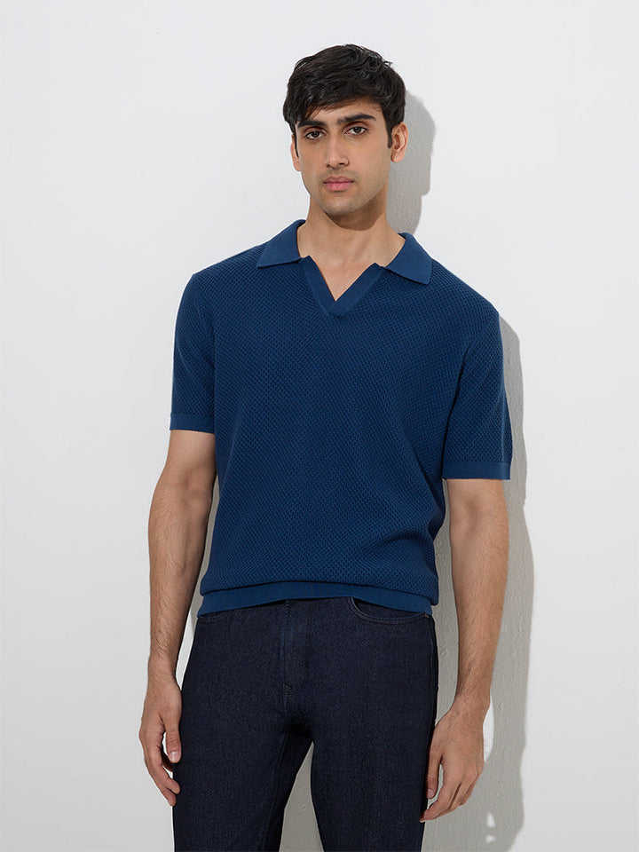 Ascot Indigo Knit-Textured Relaxed-Fit Cotton Polo T-Shirt