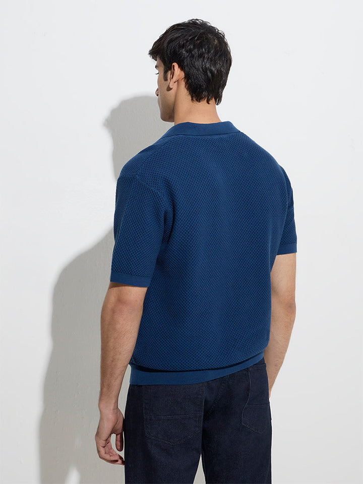 Ascot Indigo Knit-Textured Relaxed-Fit Cotton Polo T-Shirt