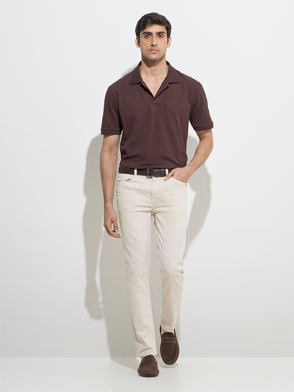 WES Casuals Off-White Slim-Fit Mid-Rise Jeans