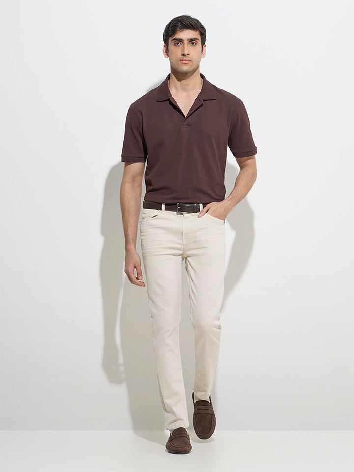 WES Casuals Off-White Slim-Fit Mid-Rise Jeans