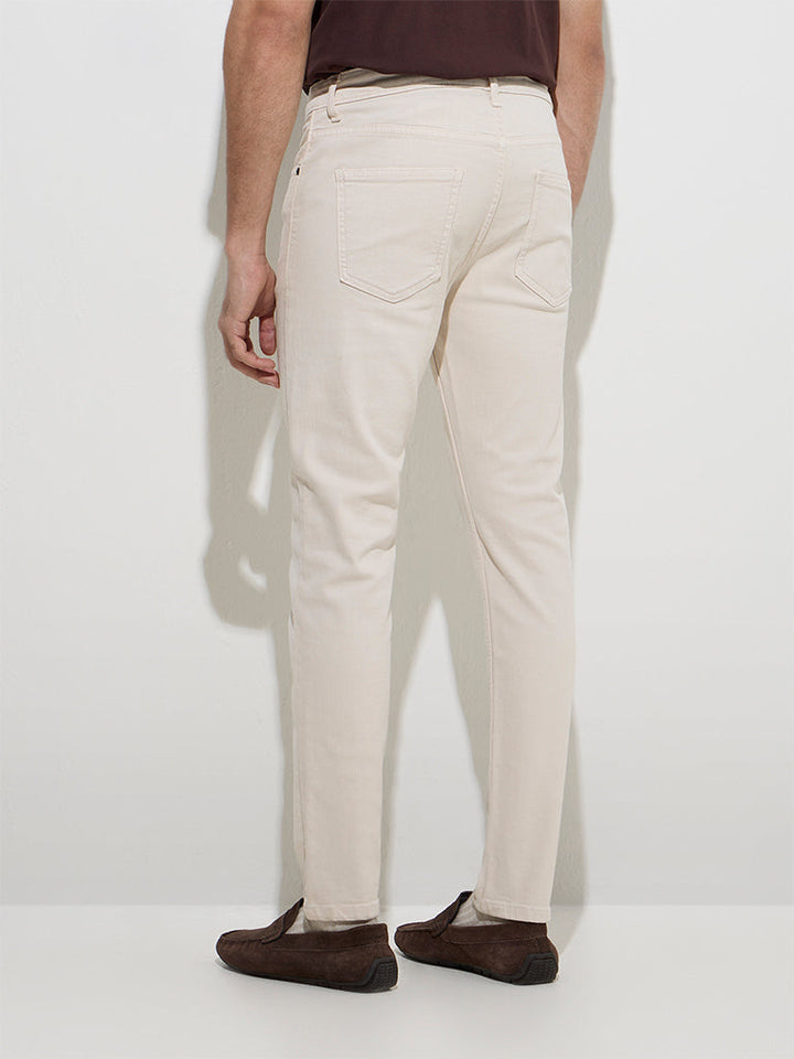 WES Casuals Off-White Slim-Fit Mid-Rise Jeans