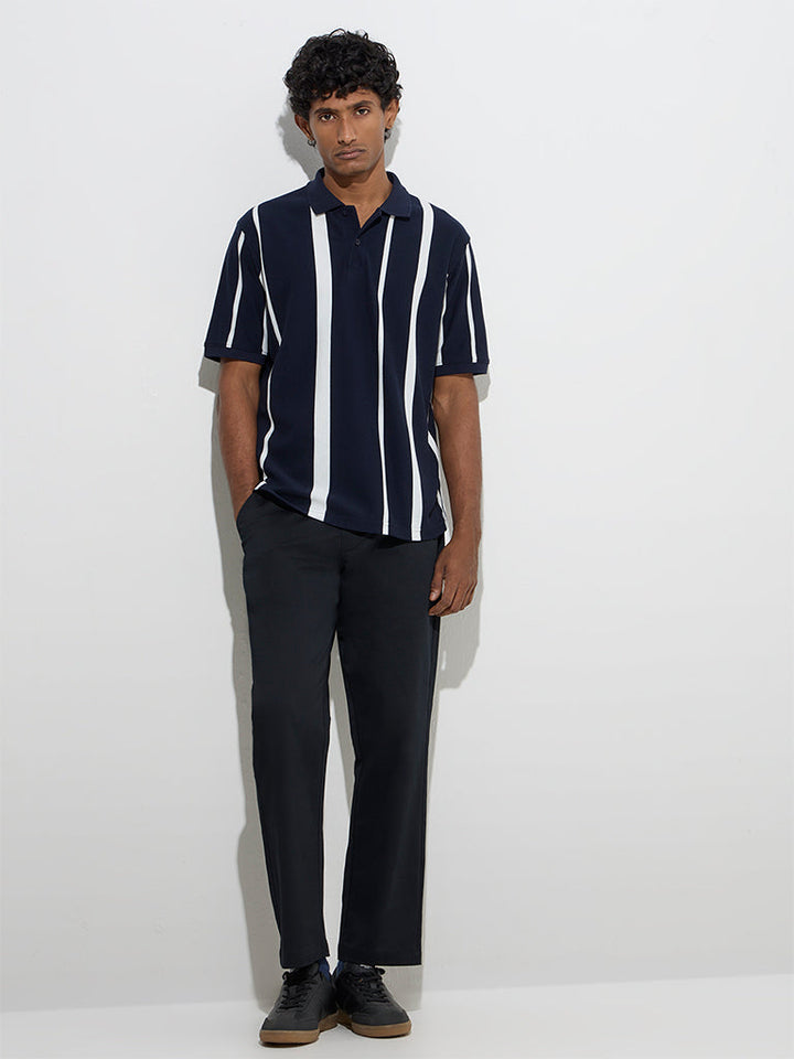 WES Casuals Navy Stripe Printed Relaxed-Fit Cotton-Blend Polo T-Shirt