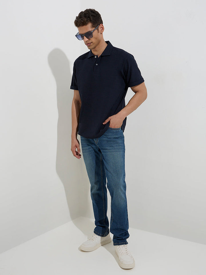 WES Casuals Navy Relaxed-Fit Cotton-Blend Polo T-Shirt