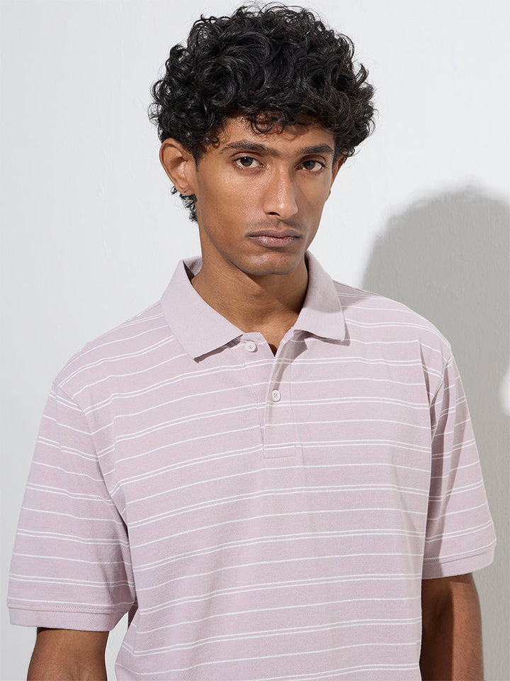 WES Casuals Lavender Striped Relaxed-Fit Cotton-Blend Polo T-Shirt