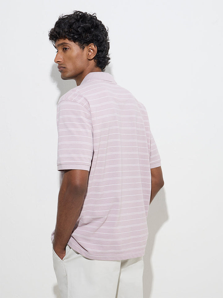 WES Casuals Lavender Striped Relaxed-Fit Cotton-Blend Polo T-Shirt