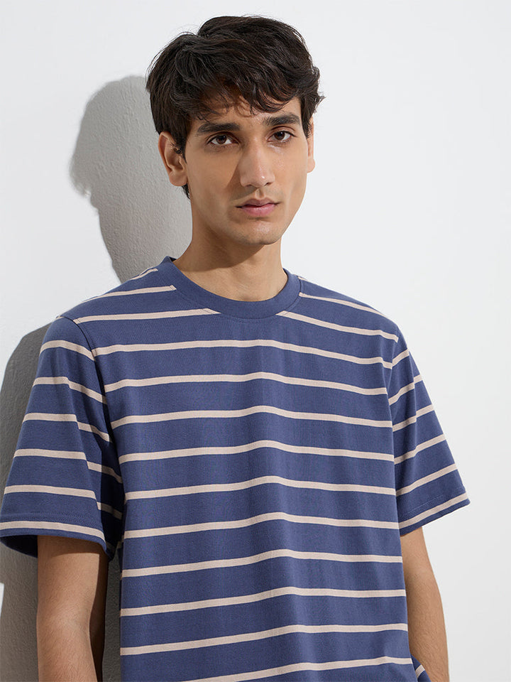 WES Casuals Navy Striped Relaxed-Fit Cotton T-Shirt