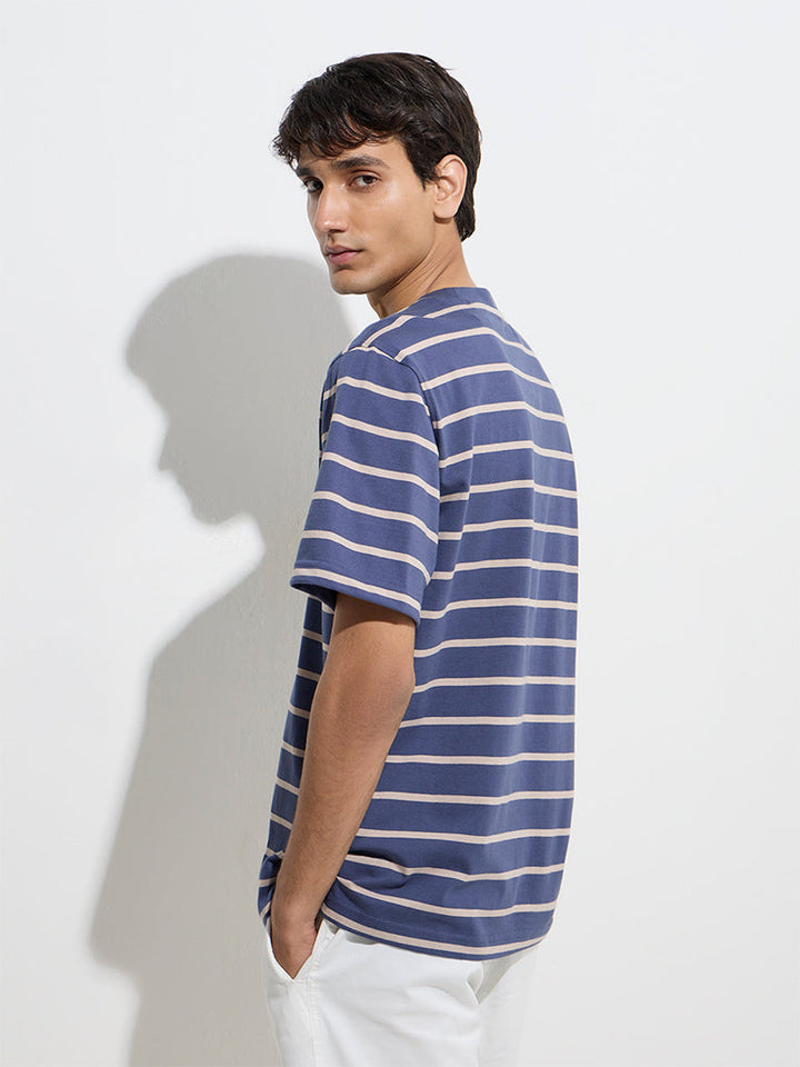WES Casuals Navy Striped Relaxed-Fit Cotton T-Shirt