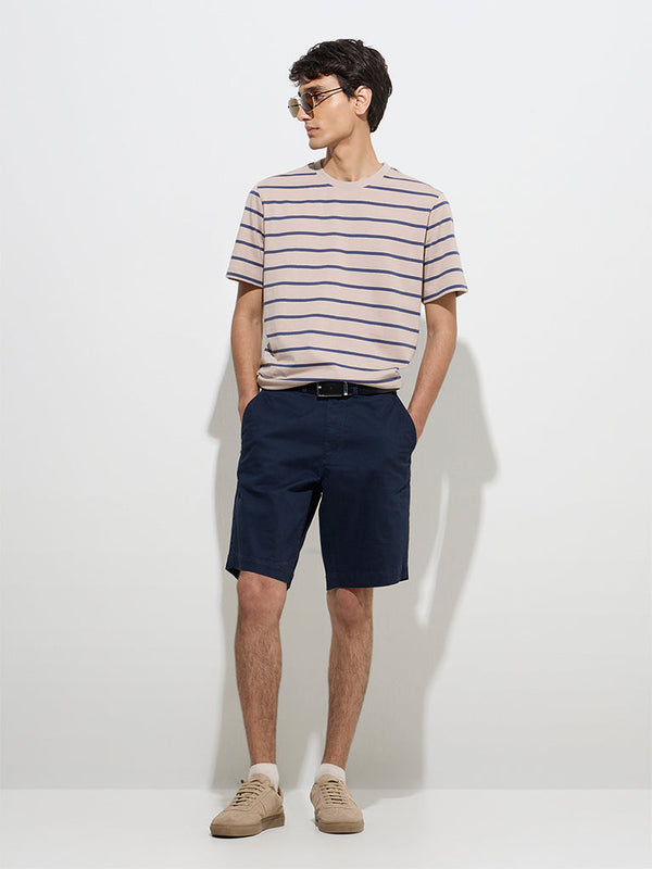 WES Casuals Taupe Striped Relaxed-Fit Cotton T-Shirt