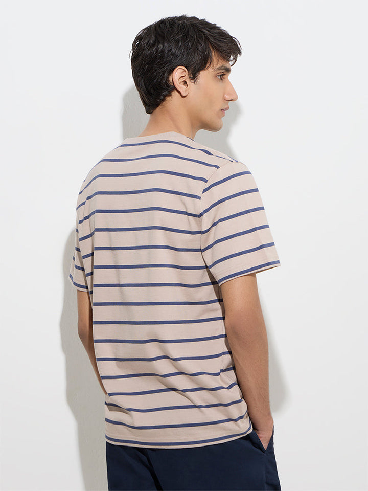 WES Casuals Taupe Striped Relaxed-Fit Cotton T-Shirt