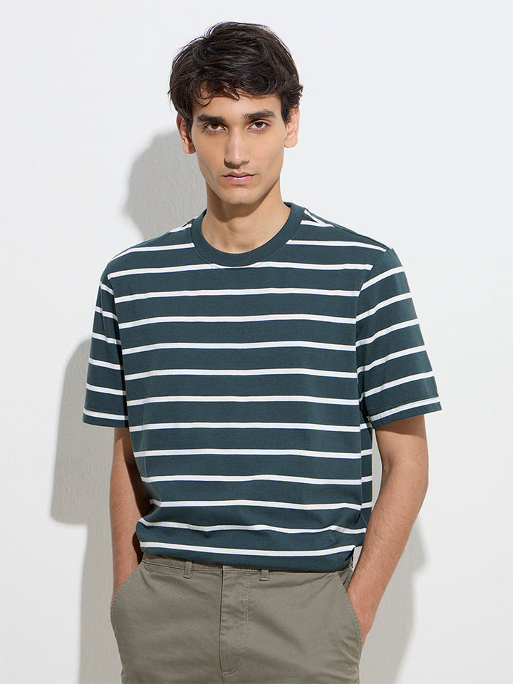 WES Casuals Dark Green Striped Relaxed-Fit Cotton T-Shirt