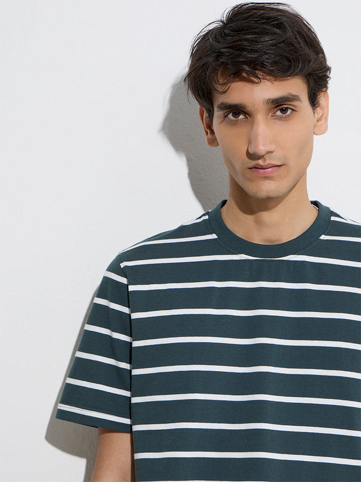 WES Casuals Dark Green Striped Relaxed-Fit Cotton T-Shirt