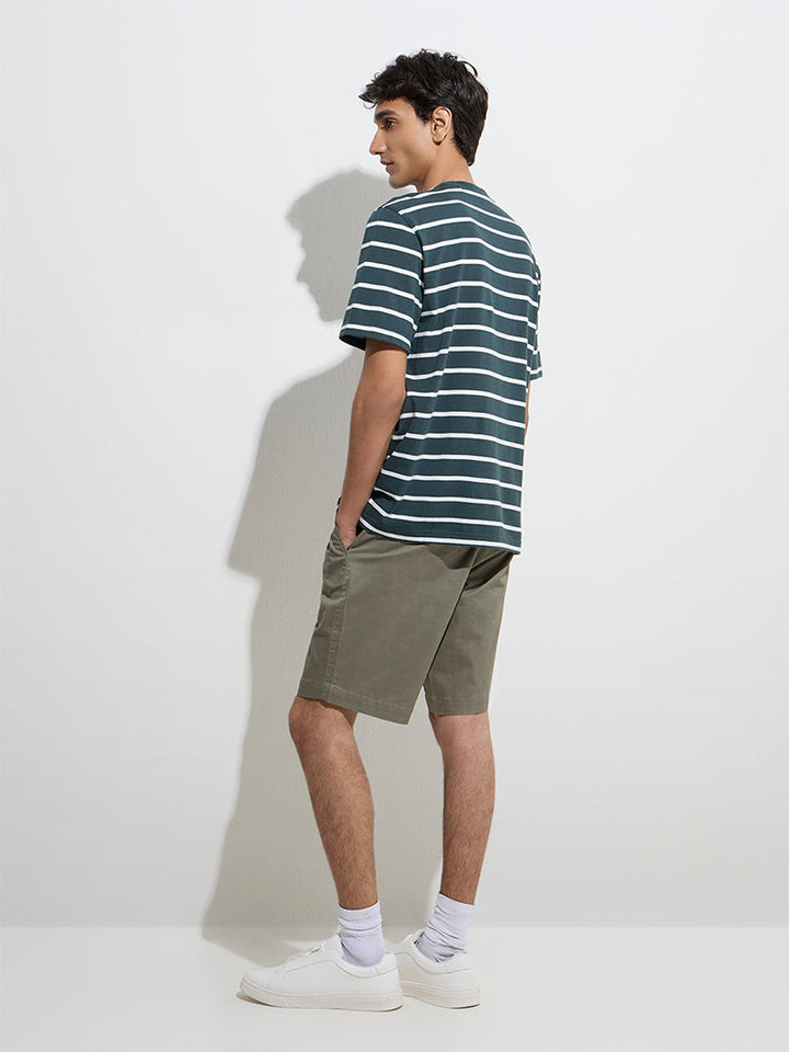 WES Casuals Dark Green Striped Relaxed-Fit Cotton T-Shirt