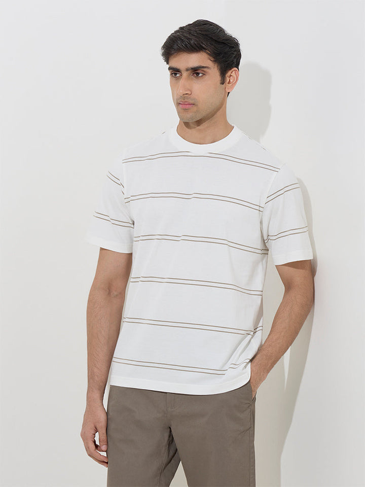 WES Casuals Taupe Striped Relaxed-Fit Cotton T-Shirt