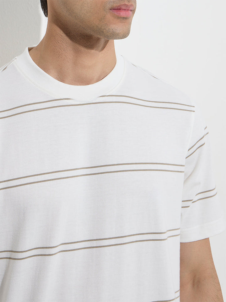 WES Casuals Taupe Striped Relaxed-Fit Cotton T-Shirt