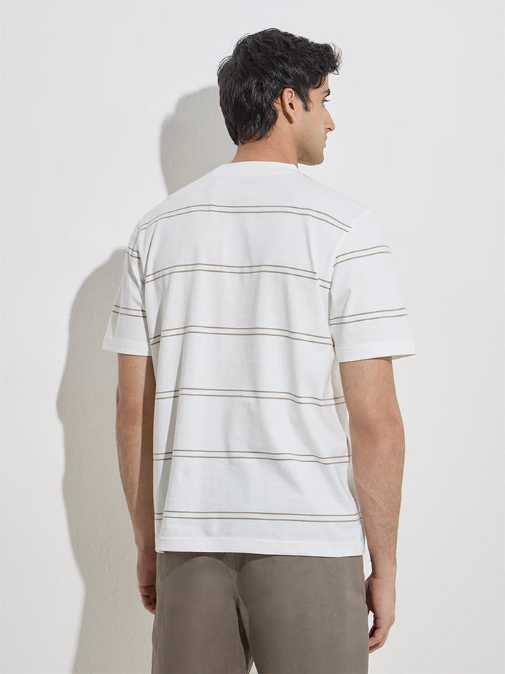 WES Casuals Taupe Striped Relaxed-Fit Cotton T-Shirt