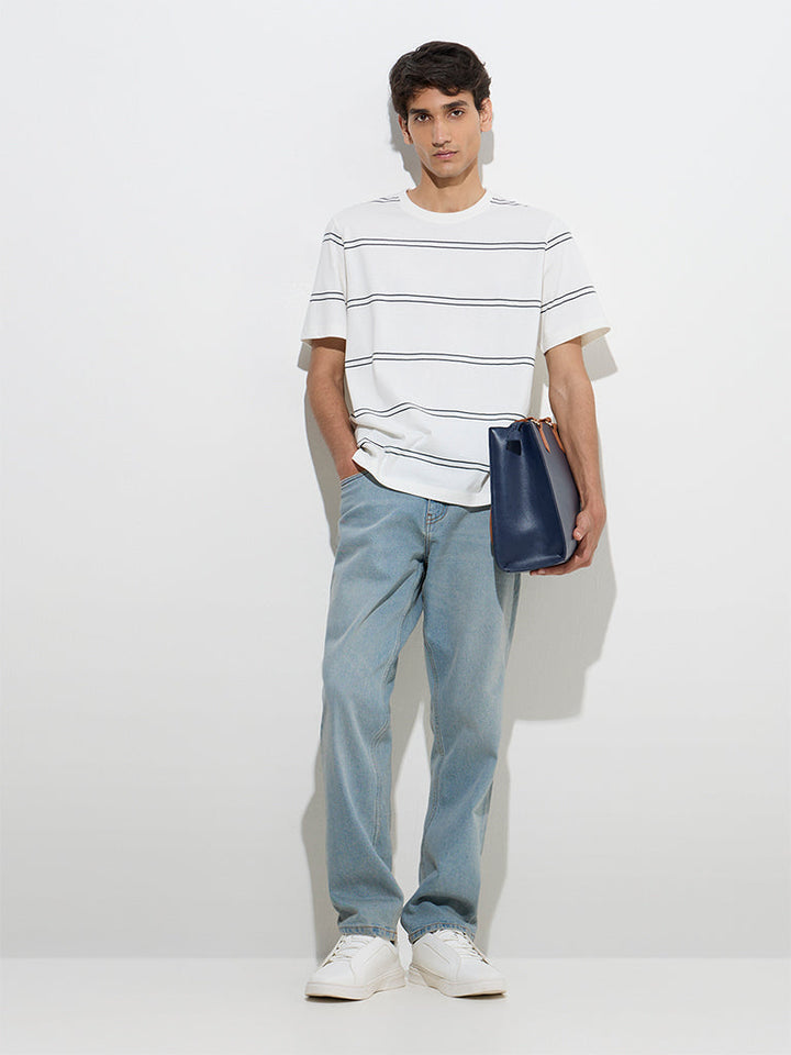 WES Casuals White Striped Relaxed-Fit Cotton T-Shirt