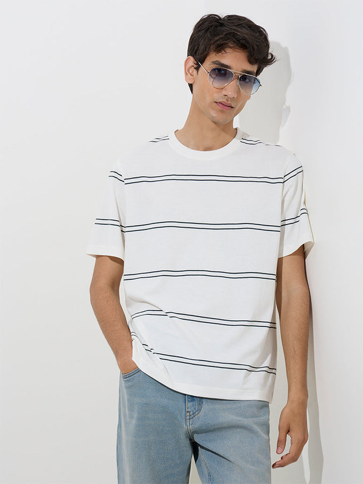 WES Casuals White Striped Relaxed-Fit Cotton T-Shirt
