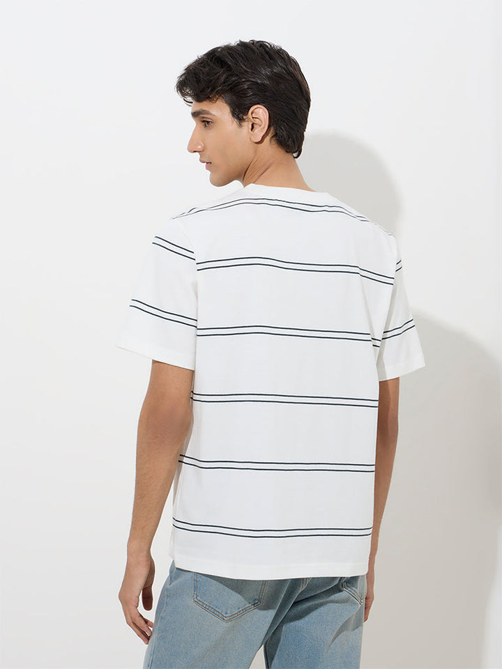 WES Casuals White Striped Relaxed-Fit Cotton T-Shirt