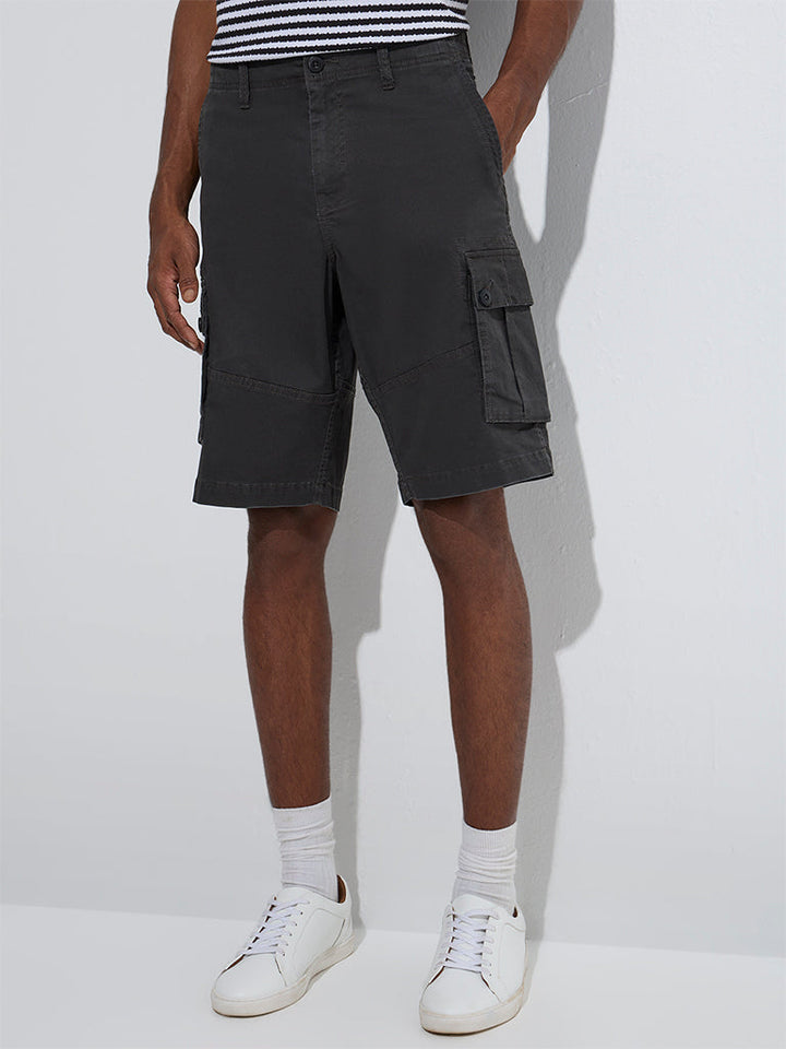 WES Casuals Black Relaxed-Fit Mid-Rise Cotton-Blend Shorts