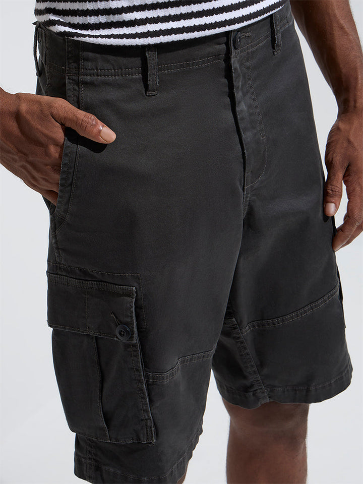 WES Casuals Black Relaxed-Fit Mid-Rise Cotton-Blend Shorts