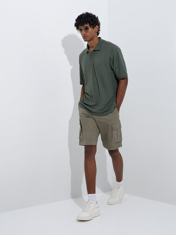 WES Casuals Olive Relaxed-Fit Mid-Rise Denim Shorts