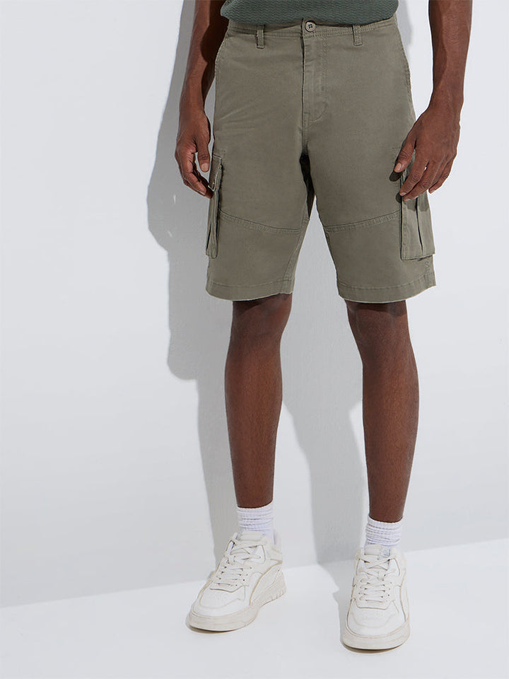 WES Casuals Olive Relaxed-Fit Mid-Rise Denim Shorts