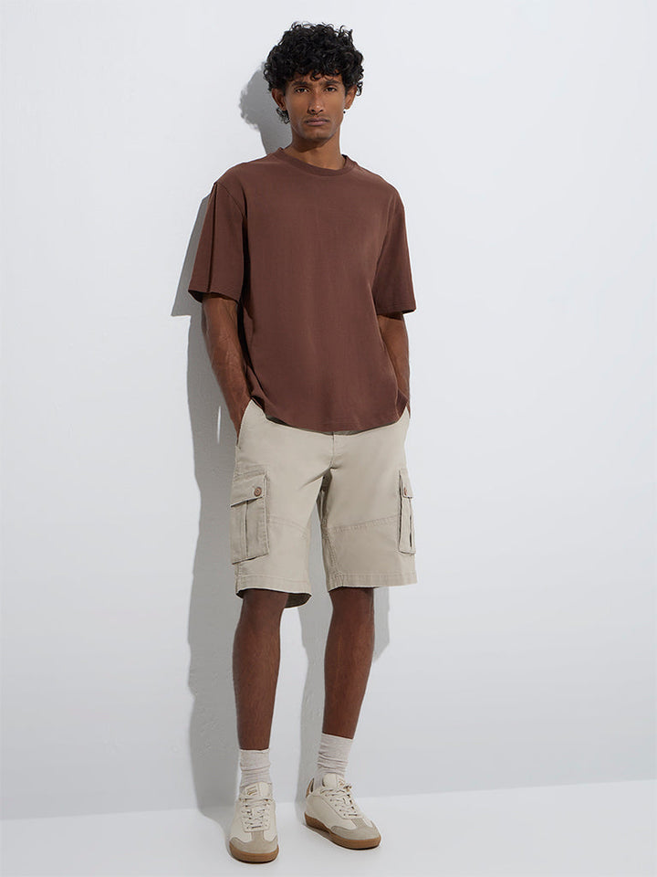 WES Casuals Beige Relaxed-Fit Mid-Rise Cotton-Blend Shorts