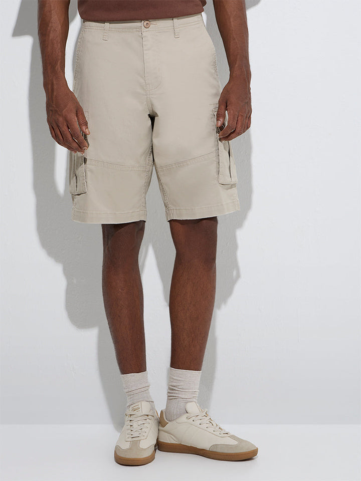 WES Casuals Beige Relaxed-Fit Mid-Rise Cotton-Blend Shorts