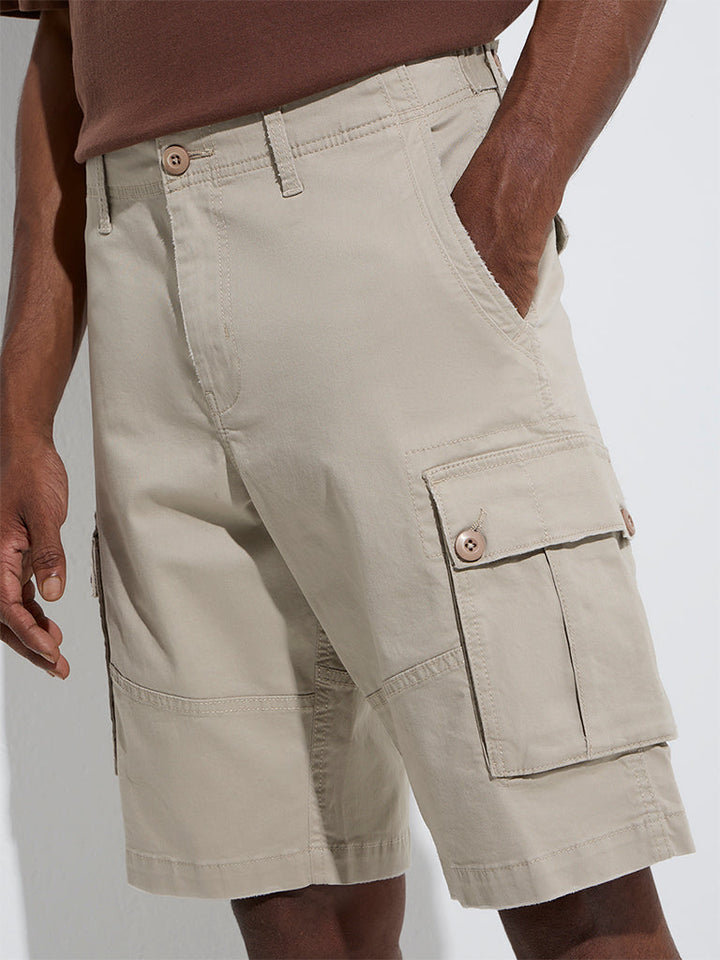 WES Casuals Beige Relaxed-Fit Mid-Rise Cotton-Blend Shorts