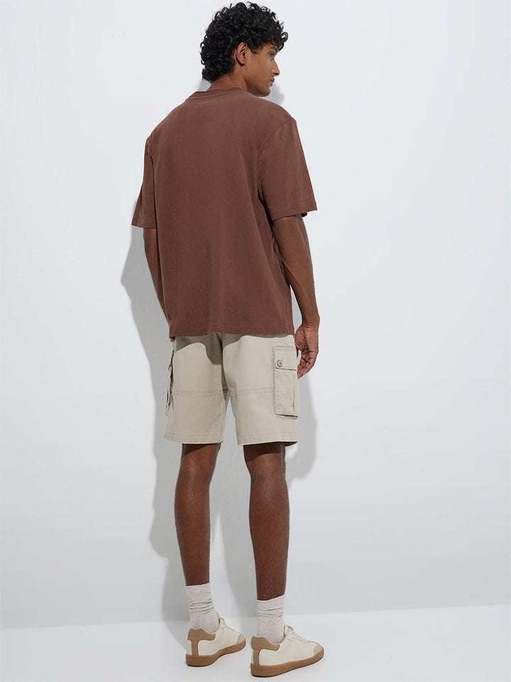 WES Casuals Beige Relaxed-Fit Mid-Rise Cotton-Blend Shorts
