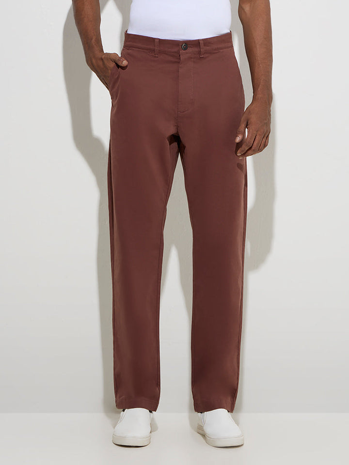 Ascot Brown Relaxed-Fit Mid-Rise Cotton-Blend Chinos