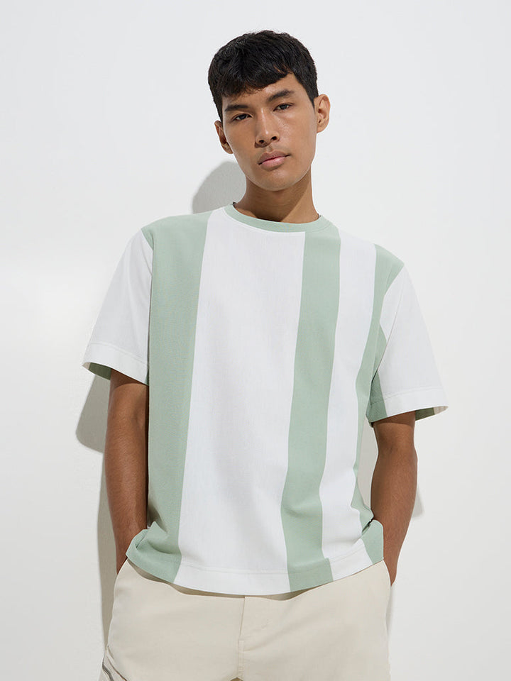 Nuon Green Colour-Block Relaxed-Fit Cotton-Blend T-Shirt