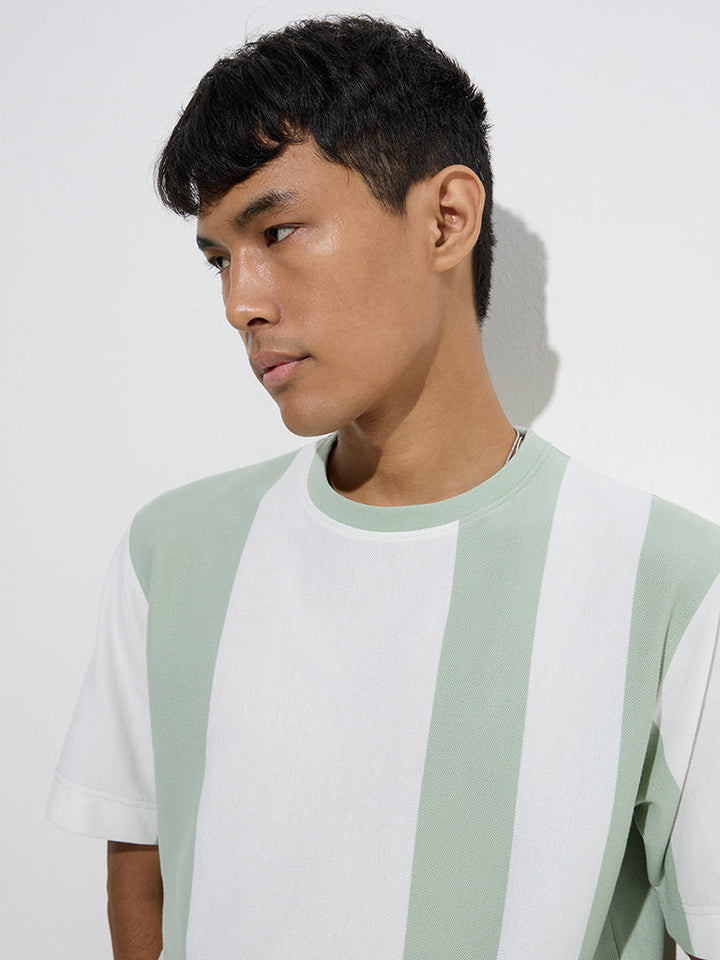 Nuon Green Colour-Block Relaxed-Fit Cotton-Blend T-Shirt
