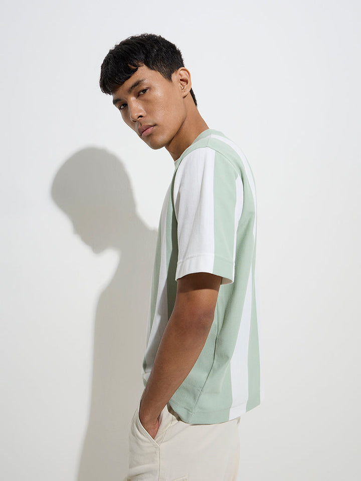 Nuon Green Colour-Block Relaxed-Fit Cotton-Blend T-Shirt