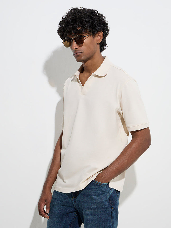 WES Casuals Beige Relaxed-Fit Cotton-Blend Polo T-Shirt