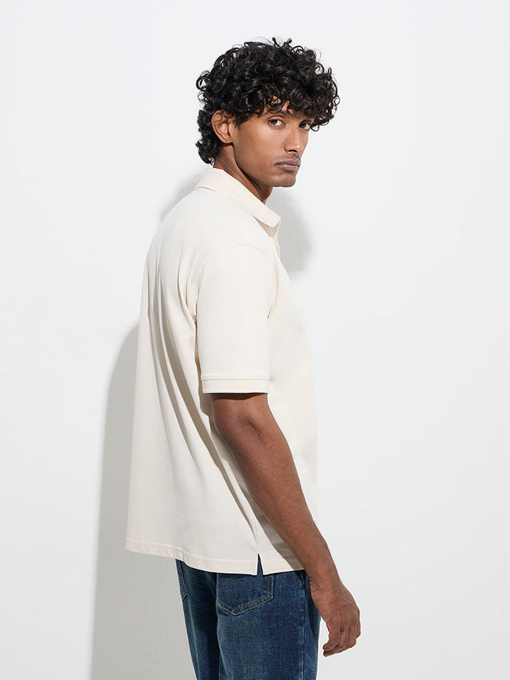 WES Casuals Beige Relaxed-Fit Cotton-Blend Polo T-Shirt