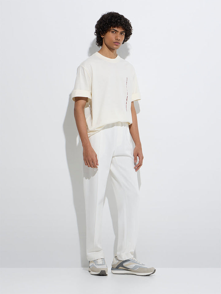 Studiofit Off-White Text Design Relaxed-Fit Cotton T-Shirt