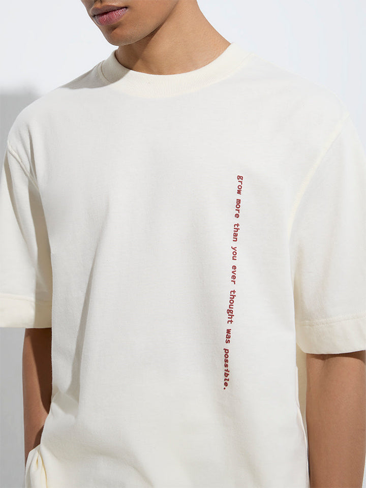 Studiofit Off-White Text Design Relaxed-Fit Cotton T-Shirt