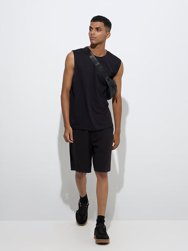 Studiofit Black Relaxed-Fit Mid-Rise Cotton-Blend Shorts