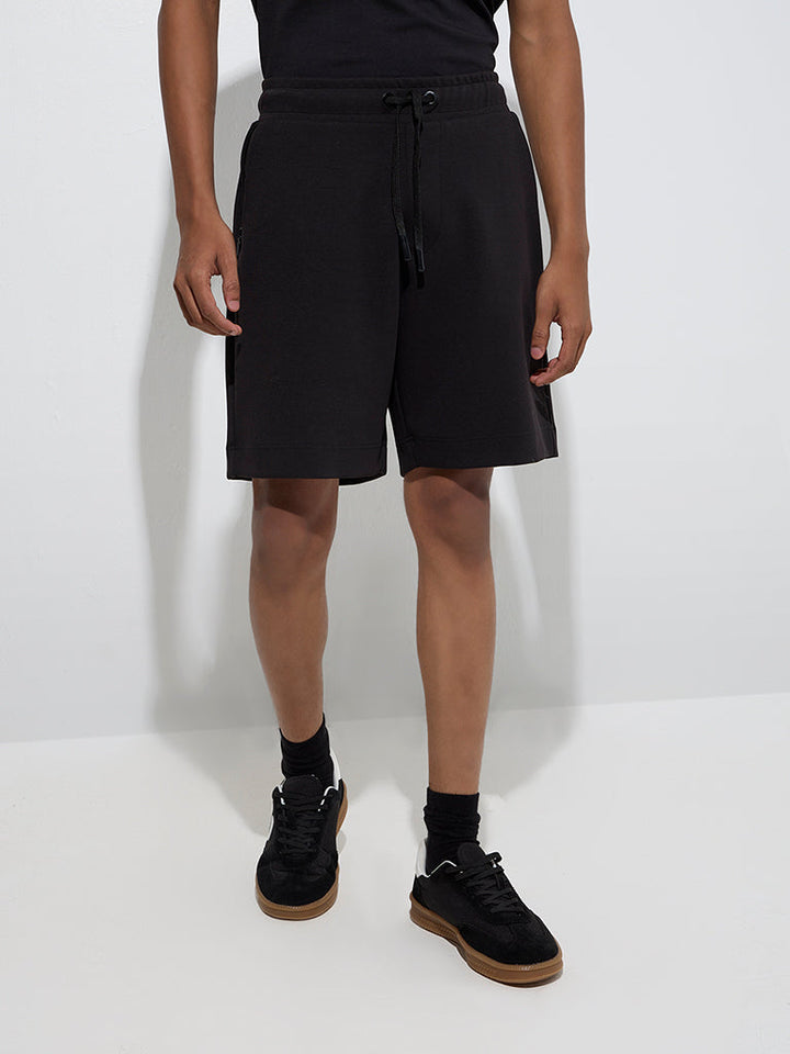 Studiofit Black Relaxed-Fit Mid-Rise Cotton-Blend Shorts