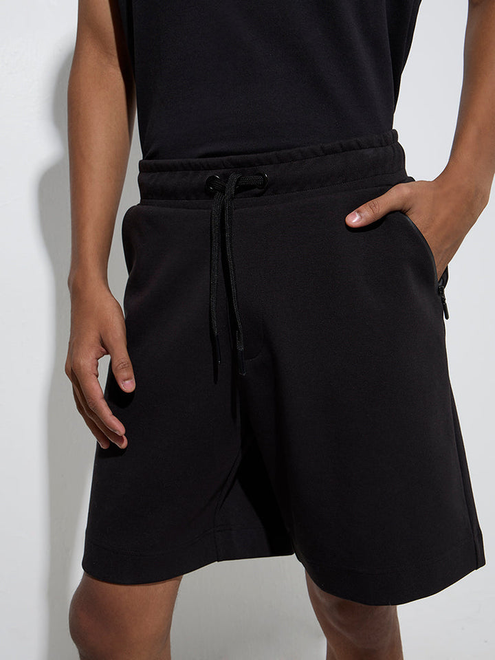 Studiofit Black Relaxed-Fit Mid-Rise Cotton-Blend Shorts