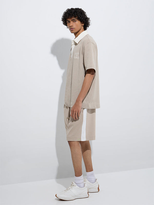 Studiofit Beige Relaxed-Fit Mid-Rise Cotton-Blend Shorts