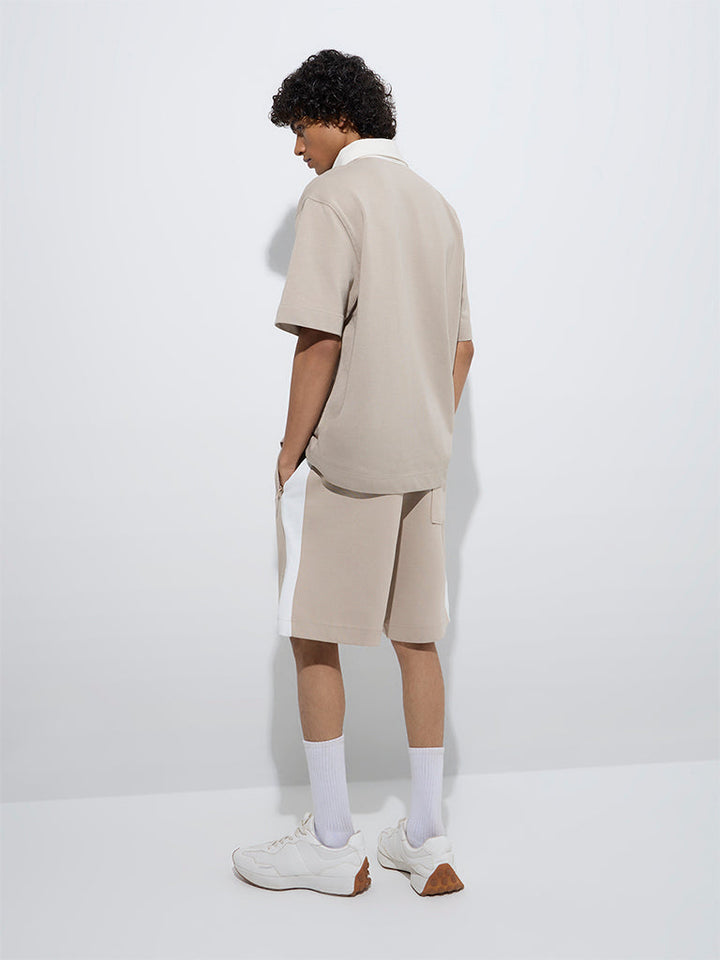 Studiofit Beige Relaxed-Fit Mid-Rise Cotton-Blend Shorts