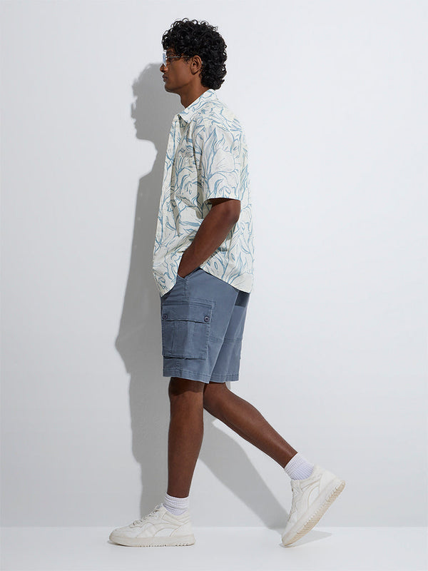 WES Casuals Dusty Blue Relaxed-Fit Cotton-Blend Shorts